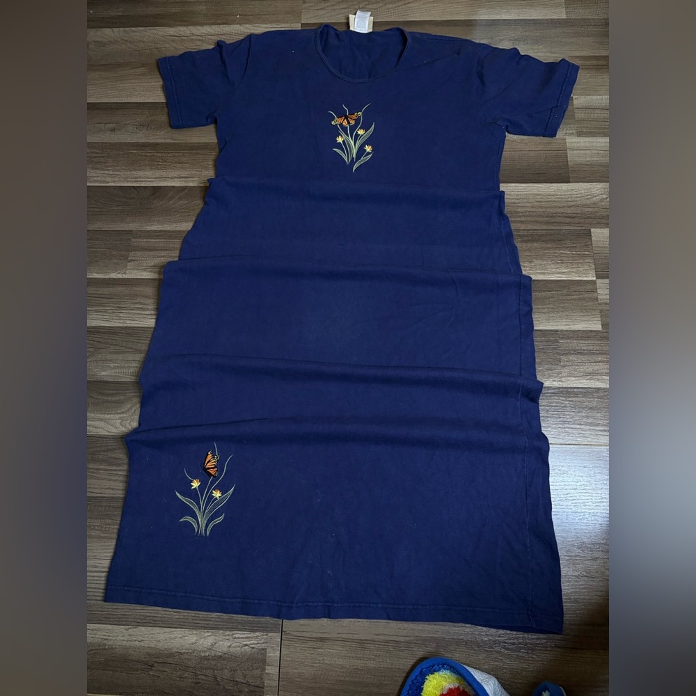Top Stitch by Morning Sun Navy Embroidered Butterfly Floral T-Shirt Dress XL